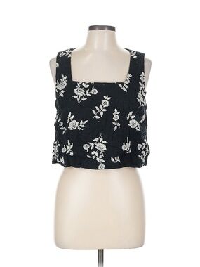 Abercrombie & Fitch Black Cropped Square-Neck Tank with White Floral Embroidery